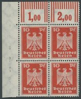 Dt. Reich 357XW VB **, 1924, 10 Pf. Reichsadler, Walzendruck, Im Linken Oberen Eckrandviererblock, Postfrisch, Pracht - Usados
