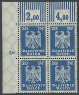 Dt. Reich 358XWOR VB **, 1924, 3 Pf. Reichsadler, Walzendruck 3`7`3, Im Linken Oberen Eckrandviererblock, Postfrisch, Pr - Oblitérés