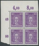 Dt. Reich 395POR VB **, 1926, 40 Pf. Leibniz, Plattendruck, Im Linken Oberen Eckrandviererblock, Postfrisch Pracht, Mi.  - Usados
