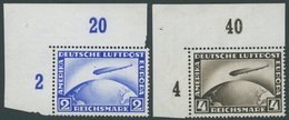 Dt. Reich 423/4 **, 1928, Graf Zeppelin In Linken Oberen Bogenecken, Falzreste Im Oberrand, Marken Postfrisch, Feinst (G - Usati