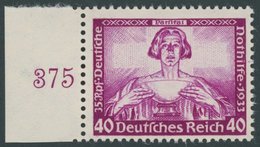 Dt. Reich 507 **, 1933, 40 Pf. Wagner, Linkes Seitenrandstück, Postfrisch, Pracht, Unsigniert, Fotoattest H.D. Schlegel: - Autres & Non Classés