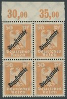 DIENSTMARKEN D 111POR VB **, 1924, 50 Pf. Lebhaftorange, Plattendruck, Im Viererblock Vom Oberrand, Postfrisch, Pracht,  - Officials