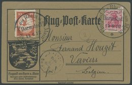 ZEPPELINPOST 10 BRIEF, 1912, 10 Pf. Flp. Am Rhein Und Main Auf Flugpostkarte Mit 10 Pf. Zusatzfrankatur, Sonderstempel D - Luft- Und Zeppelinpost