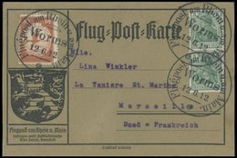 ZEPPELINPOST 10 BRIEF, 1912, 10 Pf. Flp. Am Rhein Und Main Auf Flugpostkarte Mit 2x 5 Pf. Zusatzfrankatur, Sonderstempel - Poste Aérienne & Zeppelin