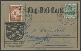 ZEPPELINPOST 10 BRIEF, 1912, 10 Pf. Flp. Am Rhein Und Main Auf Flugpostkarte Mit 5 Pf. Zusatzfrankatur, Sonderstempel Da - Posta Aerea & Zeppelin