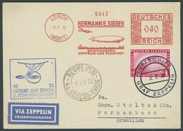 ZEPPELINPOST 219E BRIEF, 1933, 3. Südamerikafahrt, Bordpost Mit Freistempler Und Mi.Nr. 455, Prachtkarte - Airmail & Zeppelin