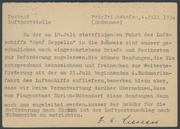 ZEPPELINPOST Brief , 1934, Postamt Friedrichshafen: Antwortkarte Bezüglich Postaufgaben Zur Schweizfahrt Bzw. Von Dort M - Luft- Und Zeppelinpost