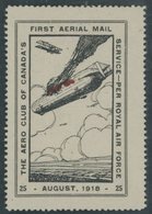 LUFTPOST-VIGNETTEN *, 1918, 25 C. Zeppelin-Abschuss, Spendenvignette Des Aero Club`s Of Canada, Dünne Stelle, Feinst - Luft- Und Zeppelinpost