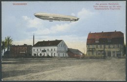 ALTE ANSICHTSKARTEN 1913, Ostpreußische Flugwoche (9.-15.8.), Farbige Ansichtskarte (Zeppelin über Marktplatz Skaisgirre - Autres & Non Classés