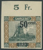 SAARGEBIET 78U **, 1921, 50 C. Auf 1.25 M. Förderturm, Ungezähnt, Mehrere Falzreste Im Oberrand, Postfrisch, Pracht, Ble - Altri & Non Classificati