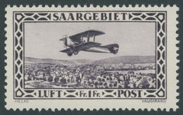 SAARGEBIET 127II **, 1928, 1 Fr. Flugpost Mit Plattenfehler Zwei Punkte über Der Oberen Tragfläche, Postfrisch, Pracht,  - Autres & Non Classés