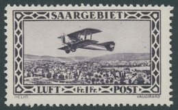 SAARGEBIET 127VI **, 1928, 1 Fr. Flugpost Mit Plattenfehler Punkt über Oberer Tragfläche Unter RG Von Saargebiet, Postfr - Other & Unclassified