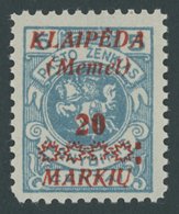 MEMELGEBIET 136II **, 1923, 20 M. Auf 5 C. Grünlichblau Mit Abart Dicker Doppelpunkt Rechts Neben Letztem Stern, Pracht, - Memel (Klaipeda) 1923