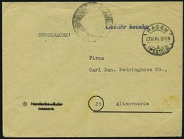 ALL. BES. GEBÜHR BEZAHLT HAGEN (WESTF), 27.12.45, Violetter L1 Gebühr Bezahlt Auf Drucksache, Feinst - Autres & Non Classés