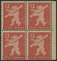 BERLIN UND BRANDENBURG 5AAwax VB **, 1945, 12 Pf. Mittelkarminrot, Graurosa Papier, Glatter Gummi, Im Randviererblock, P - Altri & Non Classificati