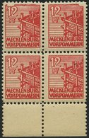 MECKLENBURG-VORPOMMERN 36zz VB **, 1946, 12 Pf. Rot, Dünnes Papier, Diagonal Genetzte Gummierung, Im Viererblock Vom Unt - Sonstige & Ohne Zuordnung