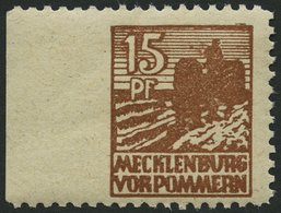 MECKLENBURG-VORPOMMERN 37yaUl **, 1946, 15 Pf. Gelbbraun, Graues Papier, Links Ungezähnt, Pracht, Mi. 140.- - Other & Unclassified