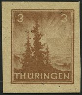 THÜRINGEN 92AYz2U **, 1946, 3 Pf. Orangebraun, Spargummierung, Dickes Papier, Fallende Papierstreifung, Ungezähnt, Prach - Altri & Non Classificati