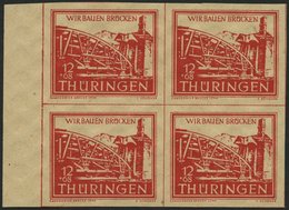 THÜRINGEN 113by VB **, 1946, 12 Pf. Rot Wiederaufbau Im Randviererblock, Pracht, Signiert Ströh, Mi. (240.-) - Sonstige & Ohne Zuordnung