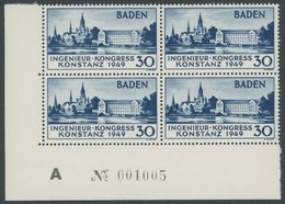 BADEN 46I VB **, 1949, Konstanz I Im Linken Unteren Eckrandviererblock Mit Bogennummer, Postfrisch, Pracht - Other & Unclassified