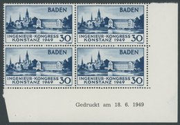 BADEN 46I Br U VB **, 1949, Konstanz I Im Rechten Unteren Eckrandviererblock Mit Druckdatum 18.6.1949, Postfrisch, Prach - Autres & Non Classés