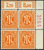 AMERIK. U. BRITISCHE ZONE 21Dr4 VB **, 1945, 8 Pf. Rötlichorange Im Eckrandviererblock, Mit Roter Nummer, 4 Ziffern, Pra - Sonstige & Ohne Zuordnung