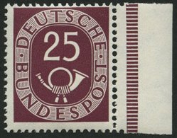 BUNDESREPUBLIK 131 **, 1951, 25 Pf. Posthorn, Rechtes Randstück, Pracht, Mi. 100.- - Oblitérés
