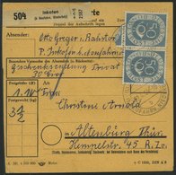 BUNDESREPUBLIK 134 Paar BRIEF, 1954, 50 Pf. Posthorn Im Waagerechten Paar Mit 10 Pf. Zusatzfrankatur Auf Paketkarte Aus  - Usati
