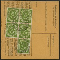 BUNDESREPUBLIK 138 BRIEF, 1954, 90 Pf. Posthorn Im Fünferblock Rückseitig Mit 20 Pf. Zusatzfrankatur Auf Paketkarte Aus  - Gebraucht