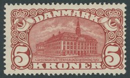 DÄNEMARK 66 *, 1912, 5 Kr. Hauptpost, Wz. 1, Mit Abart KJÖBFNHAVN (Facit 120v2), Falzrest, Pracht, Facit 6000.- Skr. - Used Stamps