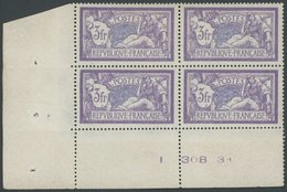 FRANKREICH 181 VB **, 1925, 3 Fr. Violett/blau Allegorie Im Eckrandviererblock Mit Bogennummer, Postfrisch, Pracht, Mi.  - Other & Unclassified