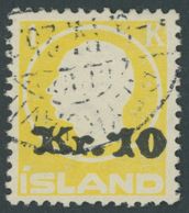 ISLAND 111 O, 1924, 10 Kr. Auf 1 Kr. Gelb, Pracht, Mi. 600.- - Sonstige & Ohne Zuordnung