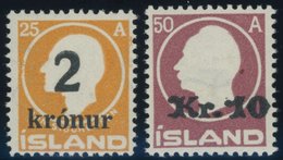 ISLAND 119/20 *, 1925/6, 2 Kr. Auf 25 A. Orange Und 10 Kr. Auf 50 A. Lilarot, Falzrest, Pracht - Sonstige & Ohne Zuordnung