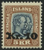 ISLAND 141 *, 1930, 10 Kr. Auf 5 Kr. Doppelportrait, Falzrest, Pracht, Signiert - Altri & Non Classificati