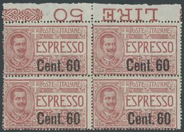ITALIEN 148 VB **, 1922, 60 C. Auf 50 C. Eilmarke Im Oberrandviererblock, üblich Gezähnt, Postfrisch, Pracht, Mi. 240.- - Usados