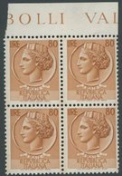 ITALIEN 891 VB **, 1953, 80 L. Orangebraun, Wz. 3, Oberrandviererblock, Postfrisch, Pracht, Mi. 480.- - Usados