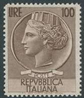 ITALIEN 920A **, 1954, 100 L. Braun, Wz. 3, Gezähnt L 131/4, Postfrisch, Pracht, Mi. 200.- - Oblitérés