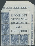 ITALIEN 921 **, 1954, 200 L. Dunkelblau, Wz. 3, Im Fünferblock Aus Der Rechten Oberen Bogenecke, Postfrisch, Pracht - Usados