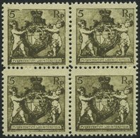 LIECHTENSTEIN 48B VB *, **, 1921, 5 Rp. Schwarzbräunlicholiv, Gezähnt L 121/2, Im Viererblock, Pracht - Sonstige & Ohne Zuordnung