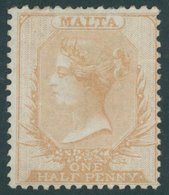 MALTA 1x *, 1863, 1/2 P. Mattbraun, Weißes Papier, Ohne Wz., Falzreste, Feinst, Mi. 800.- - Malte