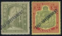 MALTA 77/8 *, 1922, 2 Sh. 6 P. Und 5 Sh. Selbstverwaltung, Falzreste, 2 Prachtwerte - Malta