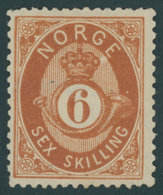 NORWEGEN 20 *, 1875, 6 Sk. Rötlichbraun, Falzreste, üblich Gezähnt Pracht, Mi. 400.- - Otros & Sin Clasificación