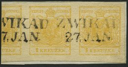 ÖSTERREICH 1Yc Paar BrfStk, 1854, 1 Kr. Goldgelb, Maschinenpapier, Type Ib, Im Waagerechten Paar Mit Teil Der Nebenmarke - Gebraucht