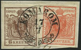 ÖSTERREICH 3/4X BrfStk, 1850, 3 Kr. Rot Und 6 Kr. Braun, Handpapier, Zentrischer Ungarn K2 KOMARON, Kabinettbriefstück - Oblitérés