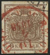 ÖSTERREICH 4Y O, 1854, 6 Kr. Braun, Maschinenpapier, Roter K1 Recommandirt WIEN 1858, Pracht - Gebraucht