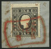 ÖSTERREICH 11Ib PFI BrfStk, 1858, 3 Kr. Schwarz, Type Ib, Sog. Bulldoggenkopf, Roter R3 WIEN, Prachtbriefstück - Used Stamps