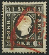 ÖSTERREICH 11II O, 1859, 3 Kr. Schwarz, Type II, Roter R3, Pracht, Mi. 230.- - Oblitérés