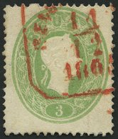 ÖSTERREICH 19 O, 1862, 3 Kr. Grün, Roter Reco-Stempel, Pracht, Mi. 130.- - Gebruikt