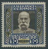 ÖSTERREICH 156 *, 1908, 10 Kr. Regierungsjubiläum, Falzrest, Pracht, Mi. 280.- - Gebraucht