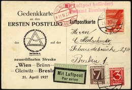 FLUGPOST BIS 1938 27.10c BRIEF, 21.4.1927, Erstflug WIEN-BRESLAU, Gedenkkarte (weißer Karton), Pracht - Erst- U. Sonderflugbriefe